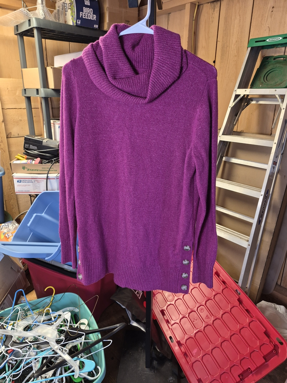 LOFT Women's Raspberry Cowl Neck Sweater with Button Hem Bin 66